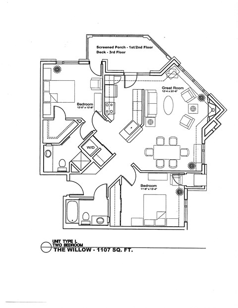 A floor plan of a two-bedroom apartment with a living room, kitchen, and bathroom.